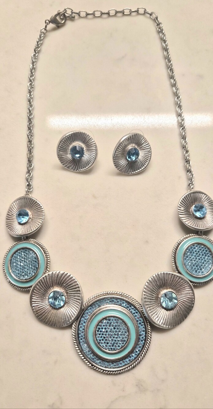 Boho Silver & Turquoise Rhinestone Statement Medallion Necklace & Stud Earrings
